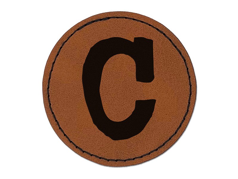 Letter C Uppercase Cute Typewriter Font Round Iron-On Engraved Faux Leather Patch Applique - 2.5"