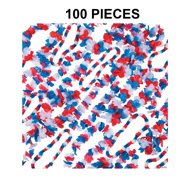 36&#x22; Bulk 100 Pc. Patriotic Red, White &#x26; Blue Plastic Leis Assortment