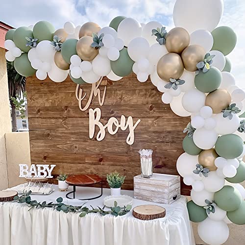 65 Pieces 12 Inches Sage Green Gold Confetti Balloons Kit, Green White Metallic Gold Party Balloons with Ribbons for Birthday, Wedding, Baby Shower, Graduation, Eucalyptus Party Decorations