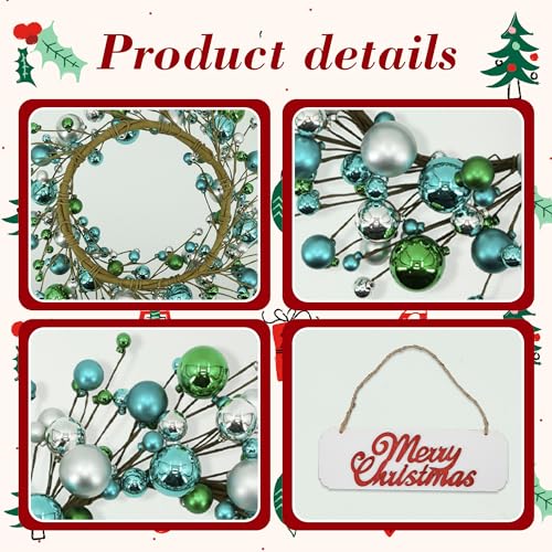 20 inches Christmas Winter Wreath for Front Door, Artificial Door Wreath with Welcome Sign and Ornaments, Xmas Wreath for Window Wall Fireplace Farmhouse Holiday Party Decoration