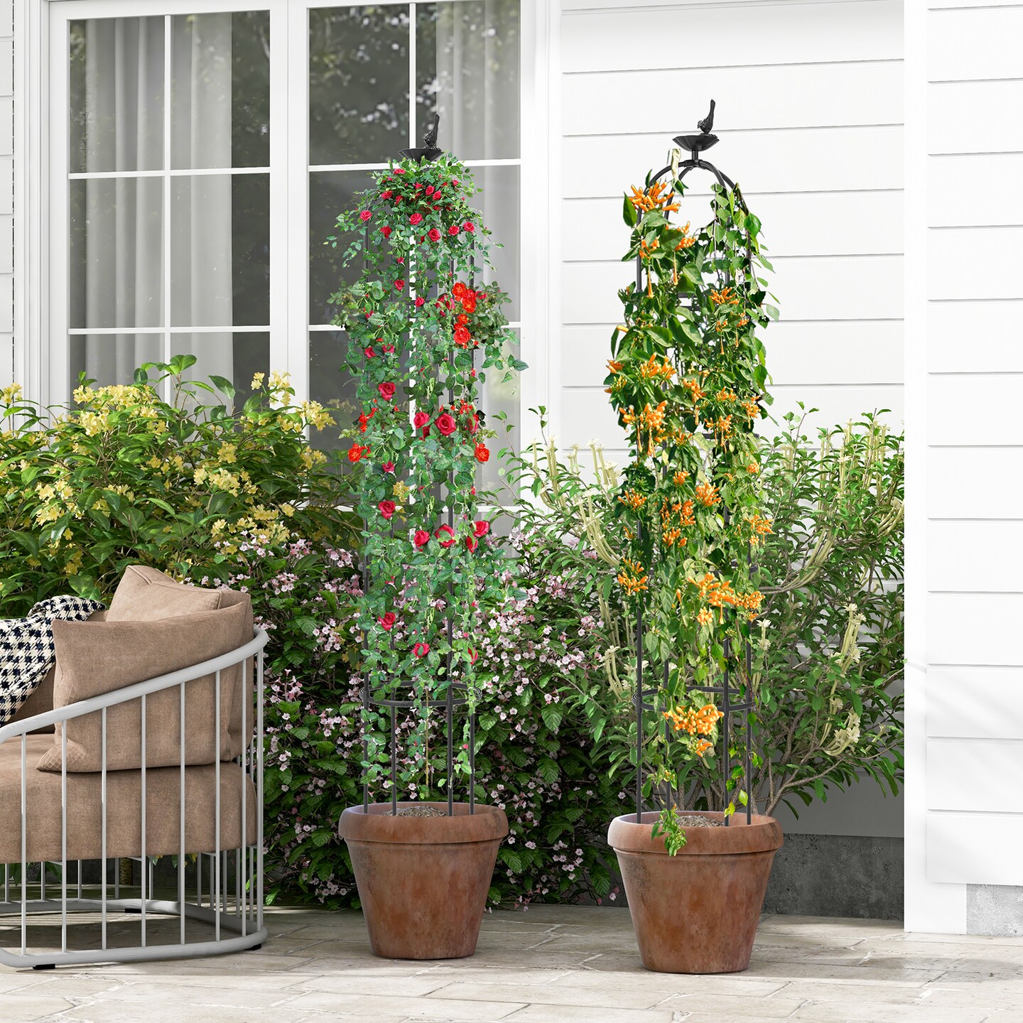 Set of 2 Height Adjustable Garden Trellis Towers with Decorative Tops Plant Support for Vines or Flowers