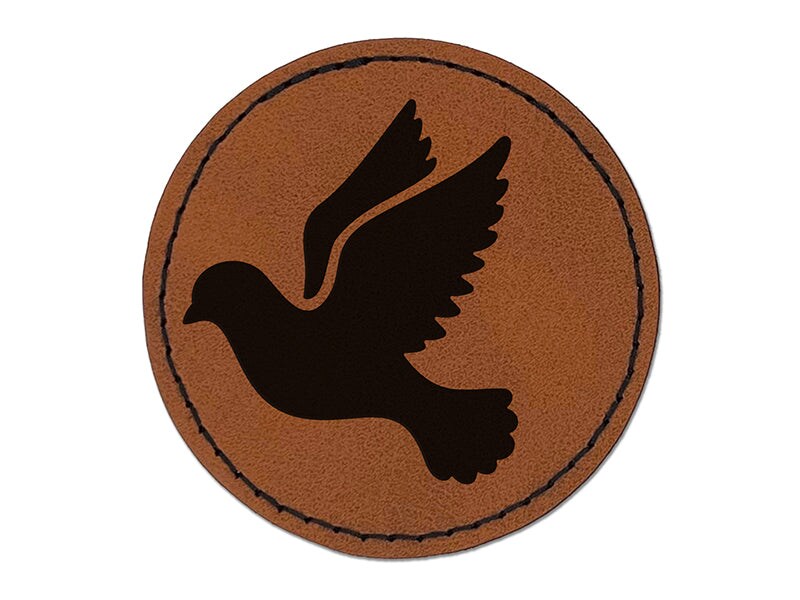 Dove Flying Silhouette Bird Round Iron-On Engraved Faux Leather Patch Applique - 2.5&#x22;