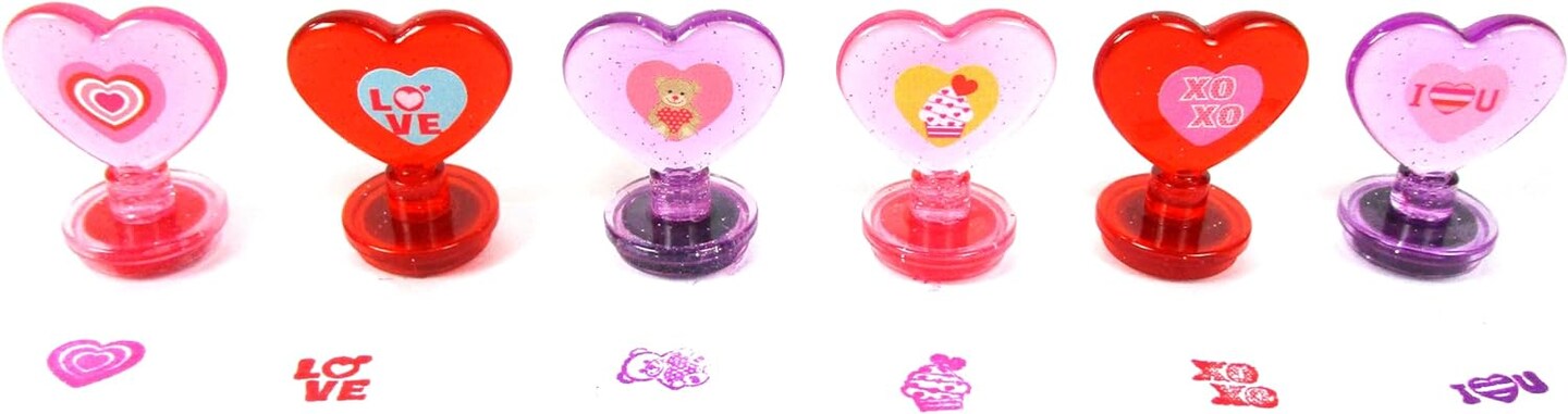 TINYMILLS 24 Pcs Valentine's Day 2 in 1 Stackable Stacking Crayon with Extra Stamper Topper, Valentine's Day Party Favors, Goodie Bag Stuffers, Valentine's Day Classroom Exchange