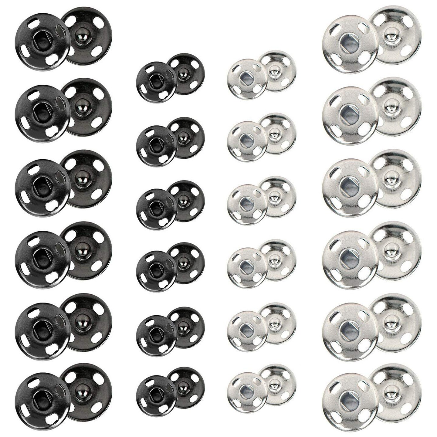 Kenkio 120 Sets Sew-on Snap Buttons Metal Snaps Fasteners Press Studs  Buttons for Sewing, 8 mm and 10 mm,Black and Silver