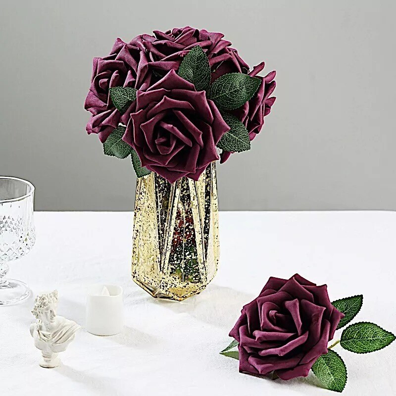 24 Eggplant 5&#x22; FOAM ROSE Flowers Stems Party Wedding Events