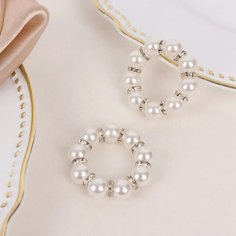 4 Silver White Faux Pearl Rhinestone Napkin Rings