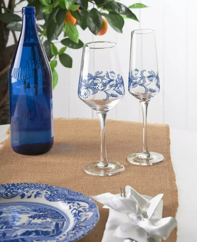 Spode Blue Italian Glass Champagne Flutes, Iconic Design, 8 oz, 4 Set Blue White