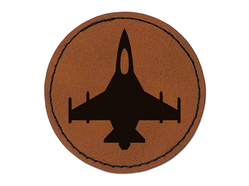 Fighter Jet Military Airplane Round Iron-On Engraved Faux Leather Patch Applique - 2.5"