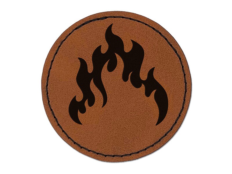 Fire Flame Burning Round Iron-On Engraved Faux Leather Patch Applique - 2.5&#x22;