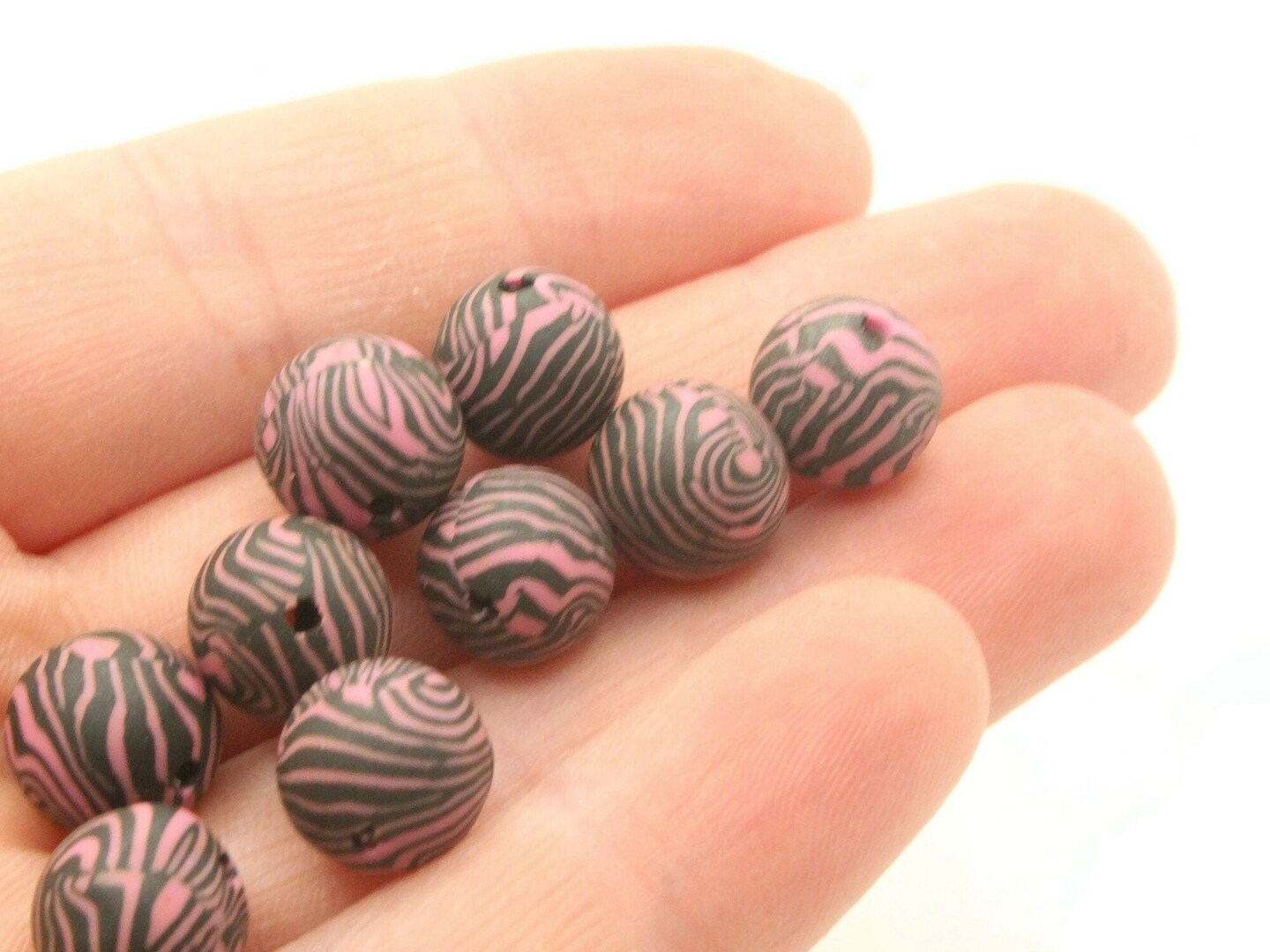 10 10mm Pink and Black Striped Polymer Clay Multi-Color Round Beads