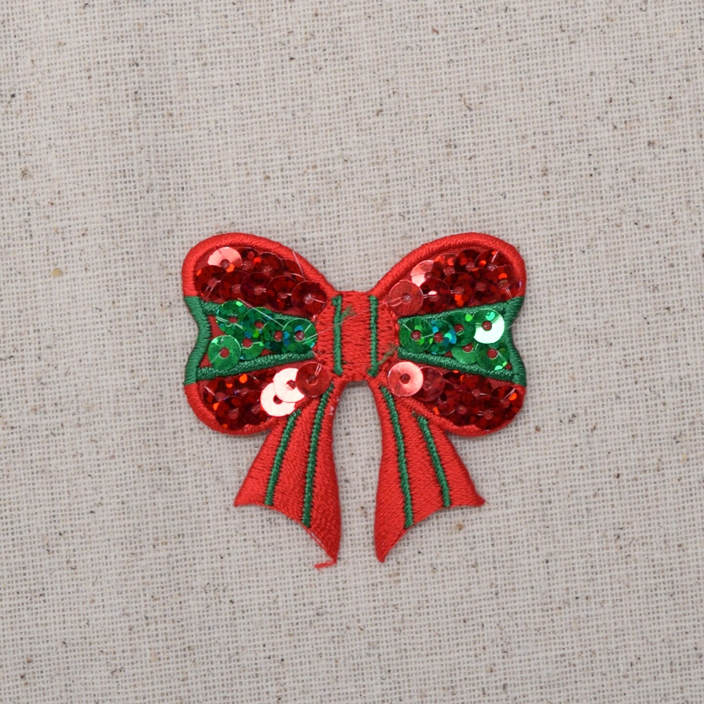 Sequin Christmas Bow, Red and Green, Embroidered Iron on Patch