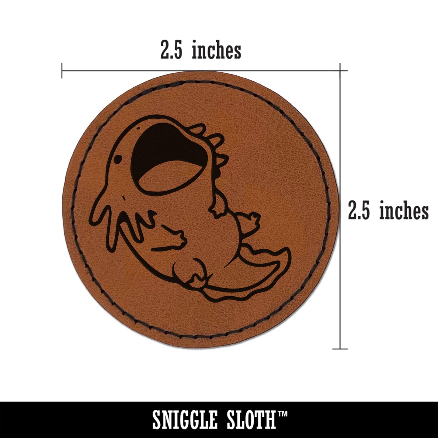 Hungry Axolotl Big Mouth Round Iron-On Engraved Faux Leather Patch Applique - 2.5&#x22;