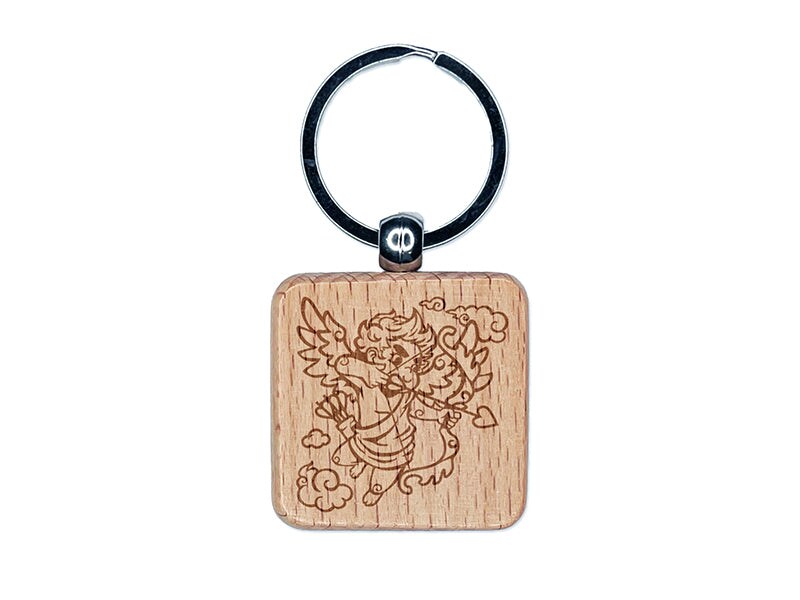 Cupid Shooting Love Arrow for Valentine&#x27;s Day Engraved Wood Square Keychain Tag Charm