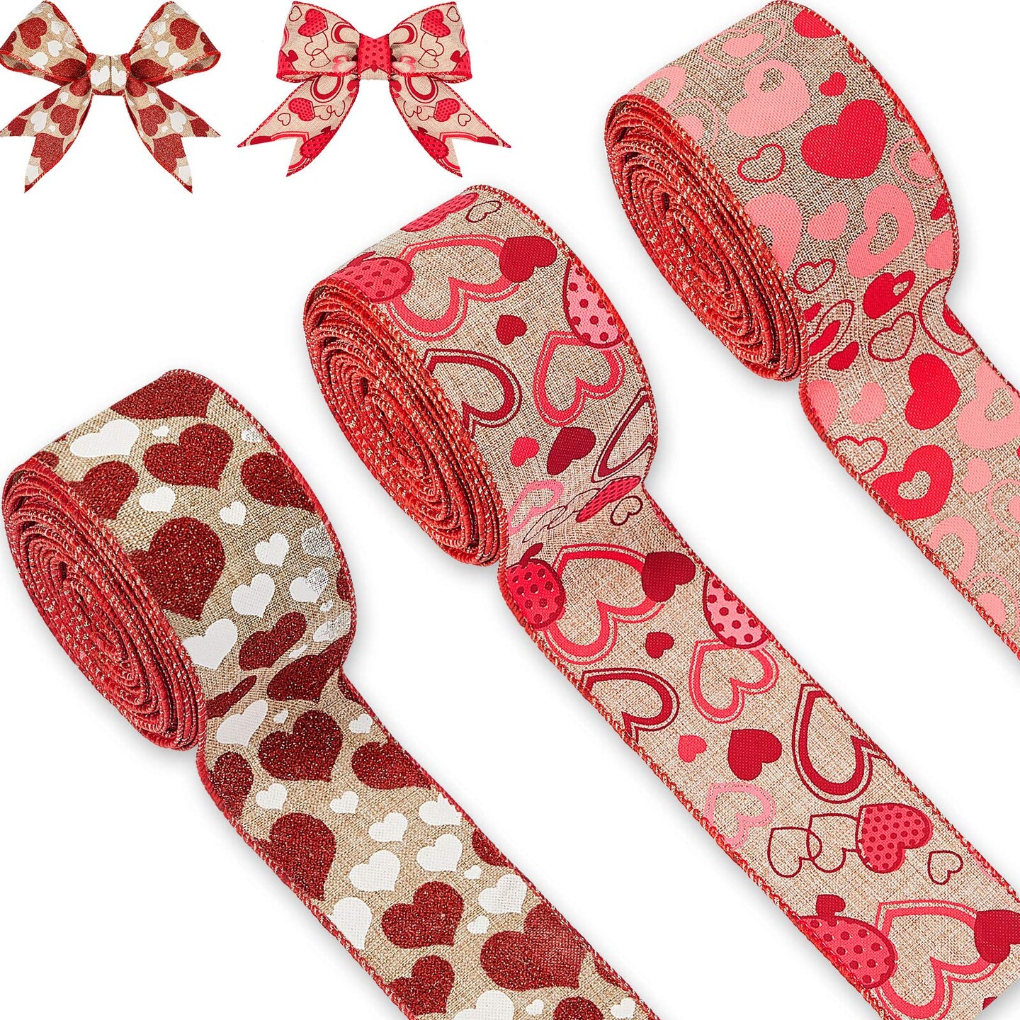 3 Rolls 30 Yards Valentine&#x27;s Day Heart Canvas Ribbons Patterned Hearts Burlap Wired Edge Ribbon Valentine&#x27;s Day Ornament Hanging Decorations for DIY Wrapping Crafts Decor