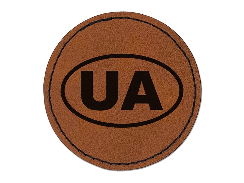 Ukraine UA Round Iron-On Engraved Faux Leather Patch Applique - 2.5&#x22;