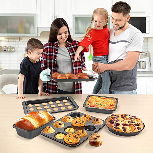 5 Pieces Nonstick Bakeware Set,  Bakeware Include Cookie Sheet, Loaf Pan, Square Pan, Round Cake Pan, 12 Cups Muffin Pan