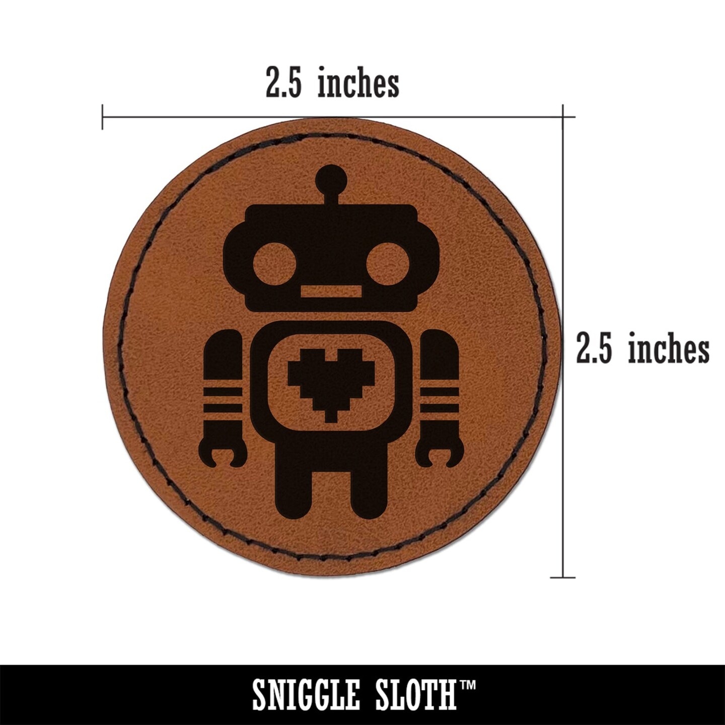 Cute Little Robot with a Heart Round Iron-On Engraved Faux Leather Patch Applique - 2.5&#x22;