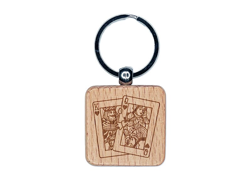 King and Queen of Hearts Playing Cards Engraved Wood Square Keychain Tag Charm