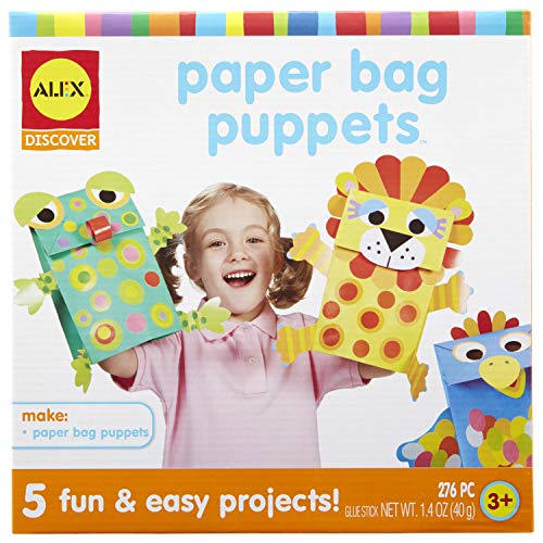 Paper Bag Puppets Kids Art and Craft Activity Multicolor, includes 5 colored bags, 270 stickers and paper shapes, glue stick and easy picture instructions