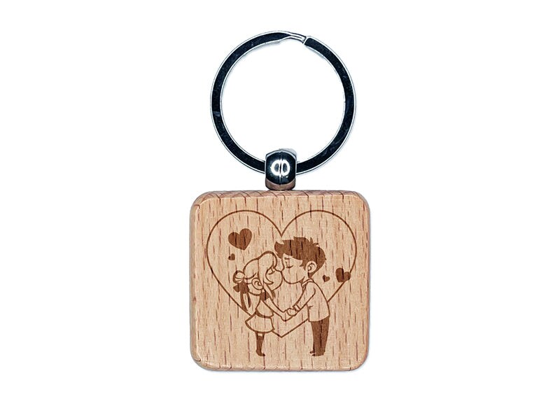 Cute Kissing Couple Love Anniversary Valentine&#x27;s Day Engraved Wood Square Keychain Tag Charm