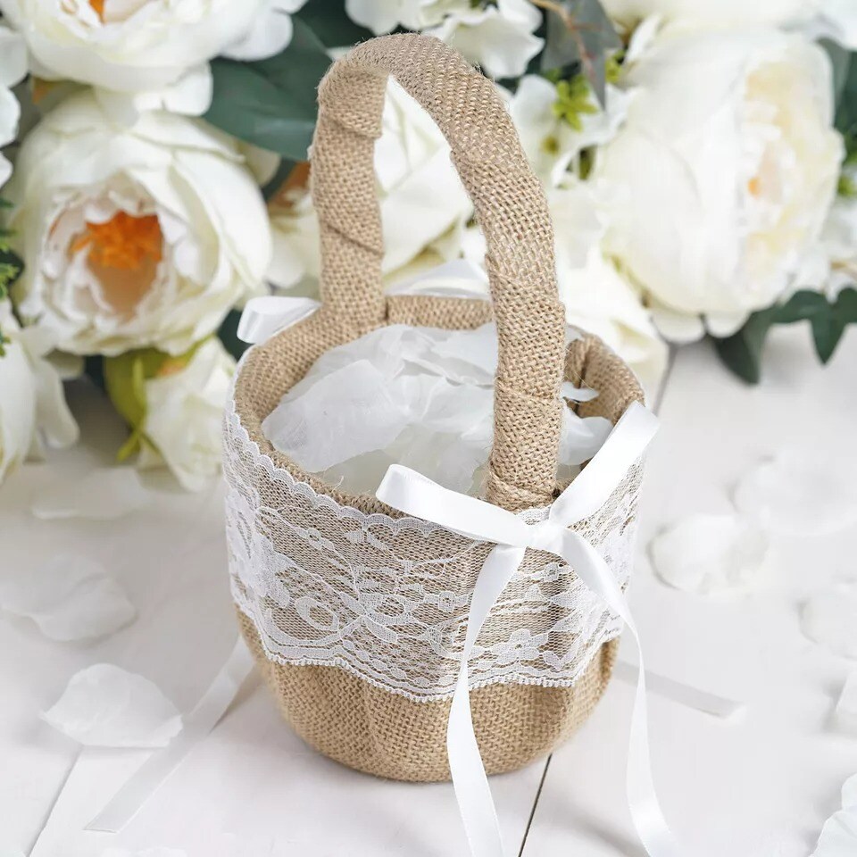 Natural Burlap with Satin Ribbon Lace Flower Girl Basket
