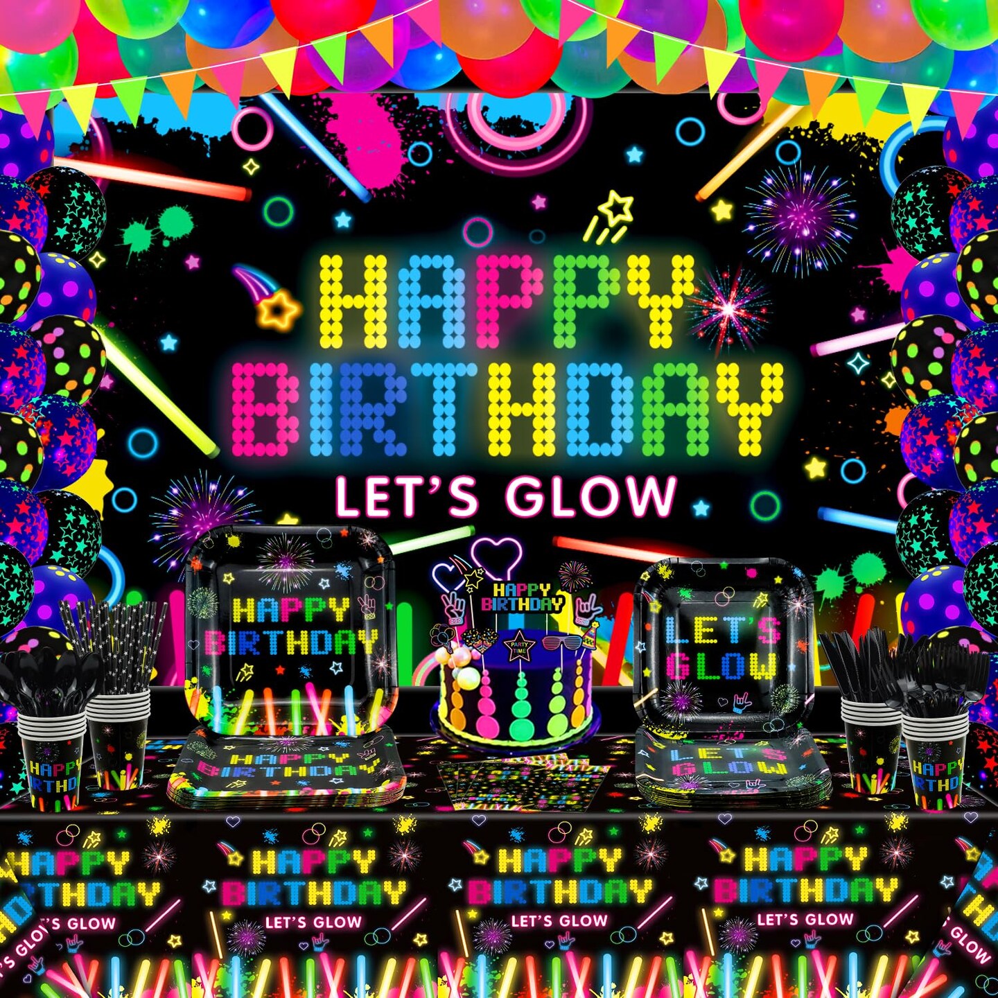 Glow Neon Party Supplies Neon Glow Plate Set Neon Balloon Glow in the Dark Happy Birthday Backdrop Glow Birthday Blacklight Party Decoration Neon Glow Birthday Tableware Serves 20