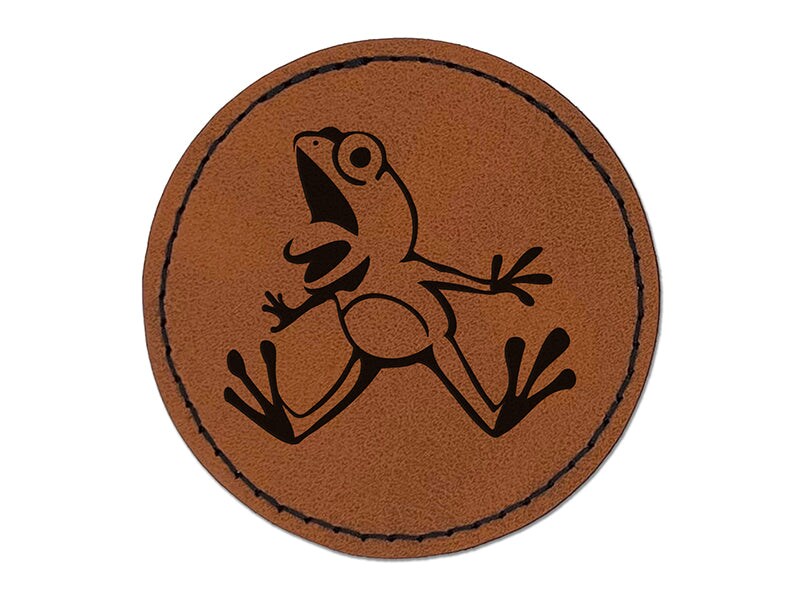 Frog Leaping from Shock and Surprise Round Iron-On Engraved Faux Leather Patch Applique - 2.5&#x22;