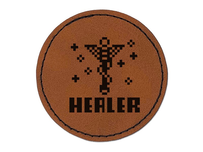Pixel RPG Healer Staff Gaming Round Iron-On Engraved Faux Leather Patch Applique - 2.5&#x22;