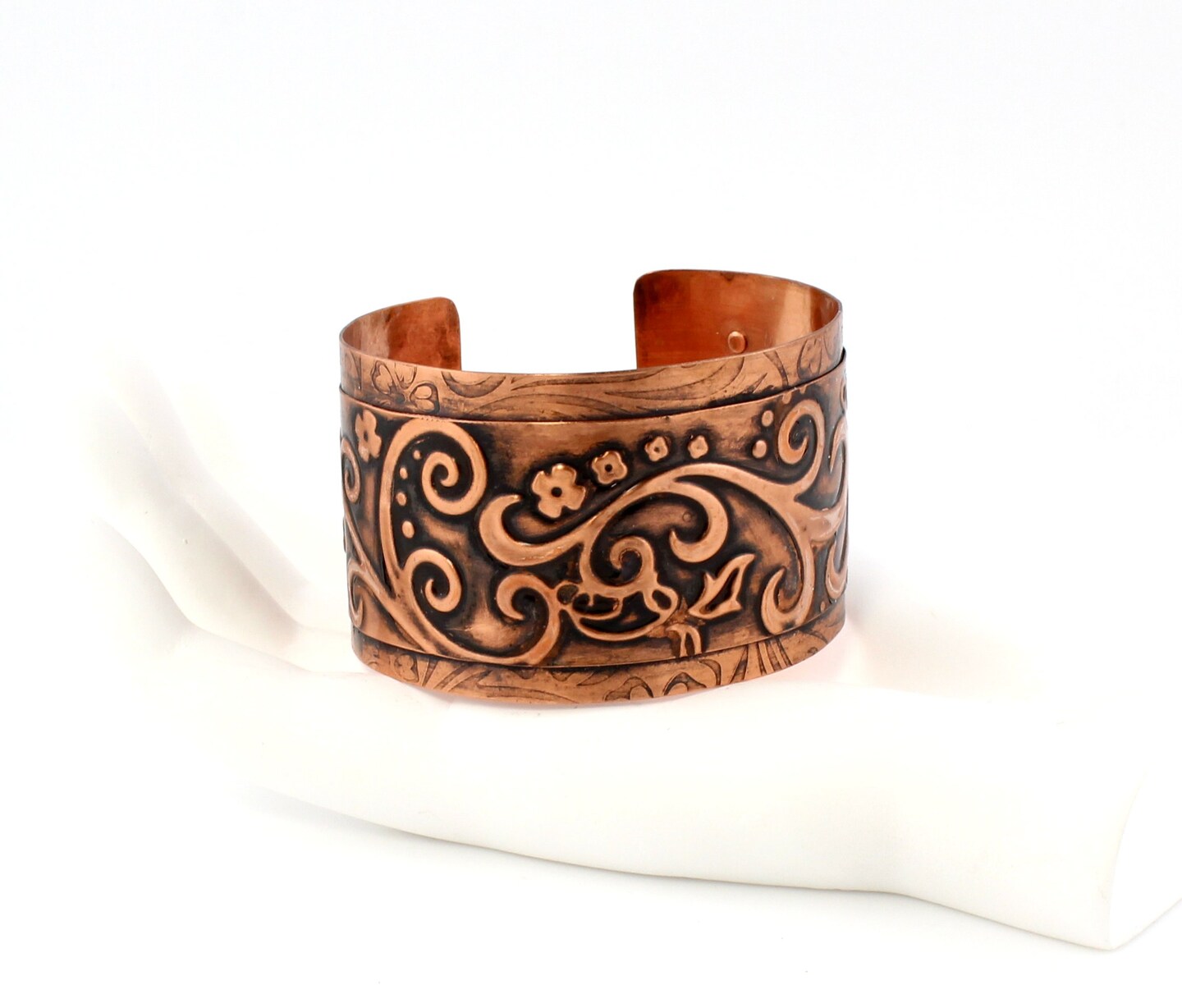 Medium anticlastic cuff bracelet 'Dandelion Wishes' Traditionally cheapest hand made with a hand stamped pattern. Torched flame finish copper.