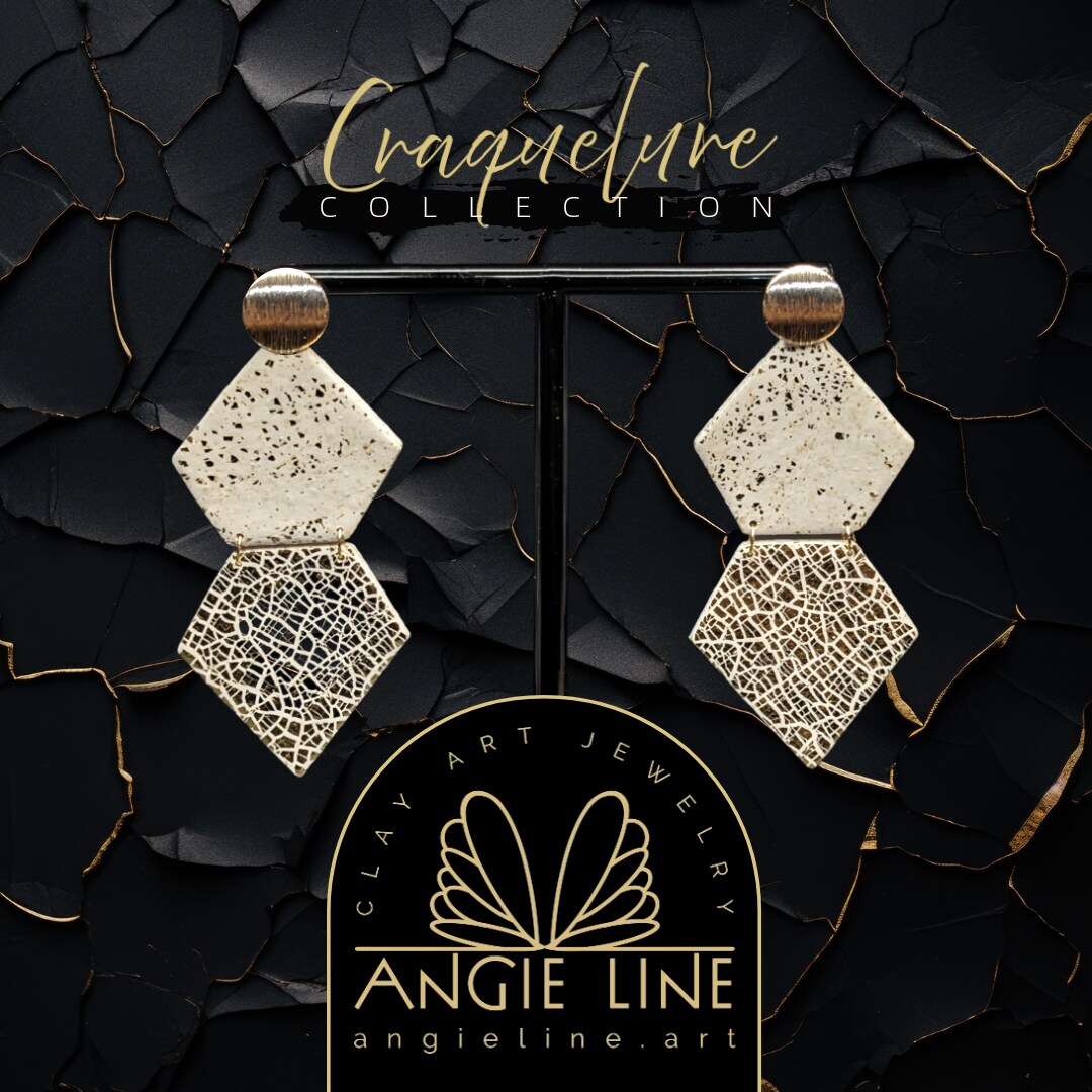 Ivory Pentagon Cracked Gold Earrings | Craquelure Collection - Angie Line Polymer Clay Jewelry by Artist Vanessa Freire 335352755757891584