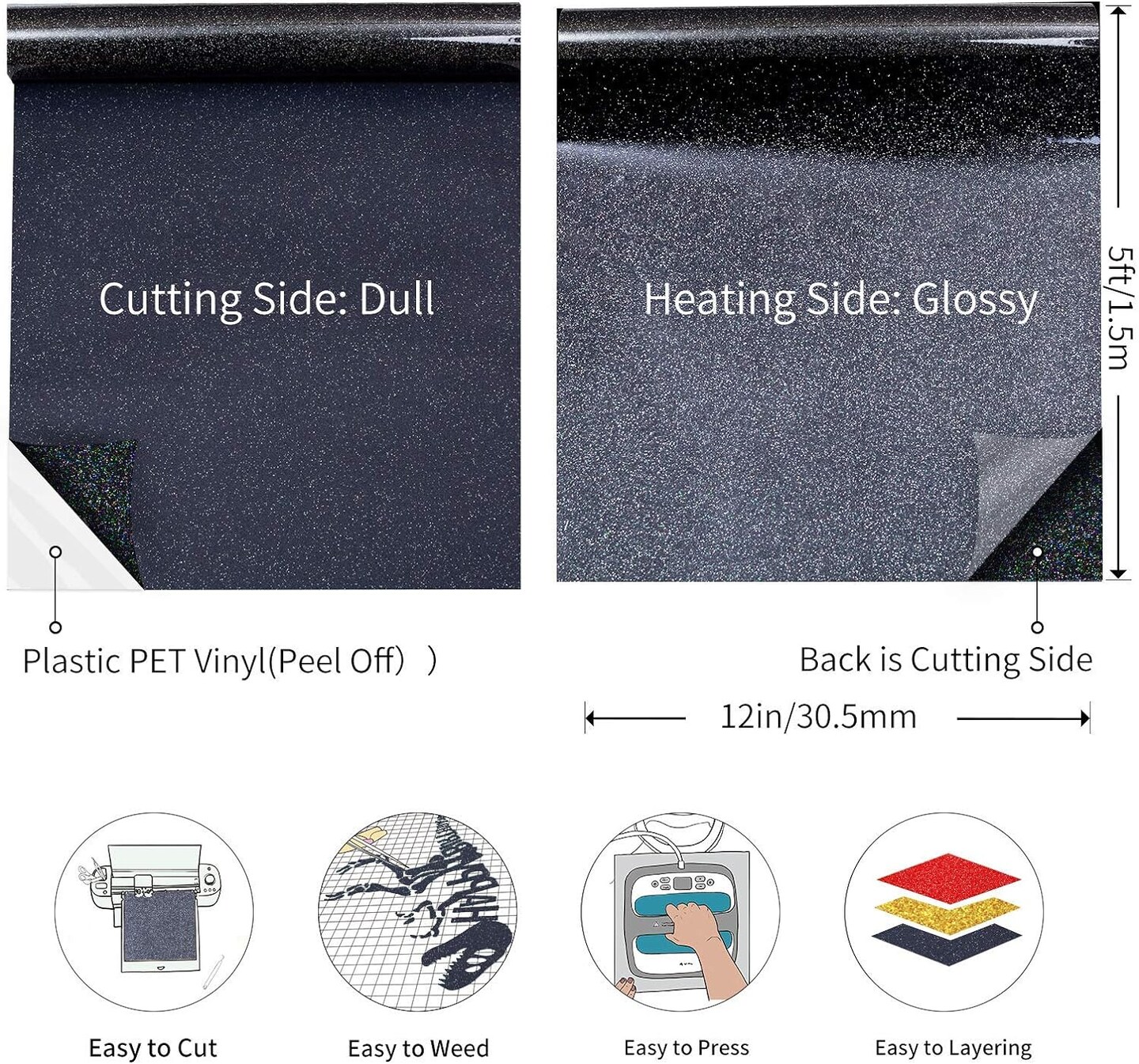 Black Glitter HTV Glitter Heat Transfer Vinyl 12inx5ft Glitter Iron on Vinyl HTV Vinyl for Cricut T Shirts (Black)