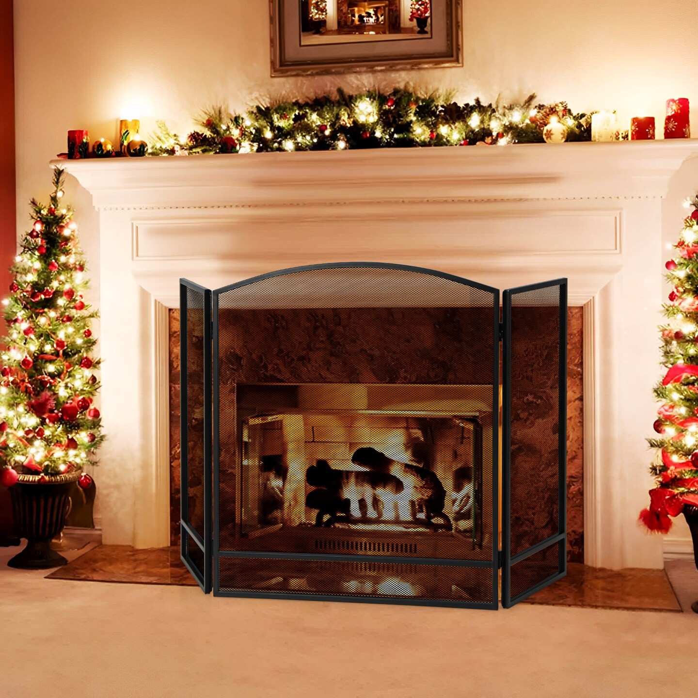 3-Panel Fold-able Fireplace Screen With Wrought Metal Mesh
