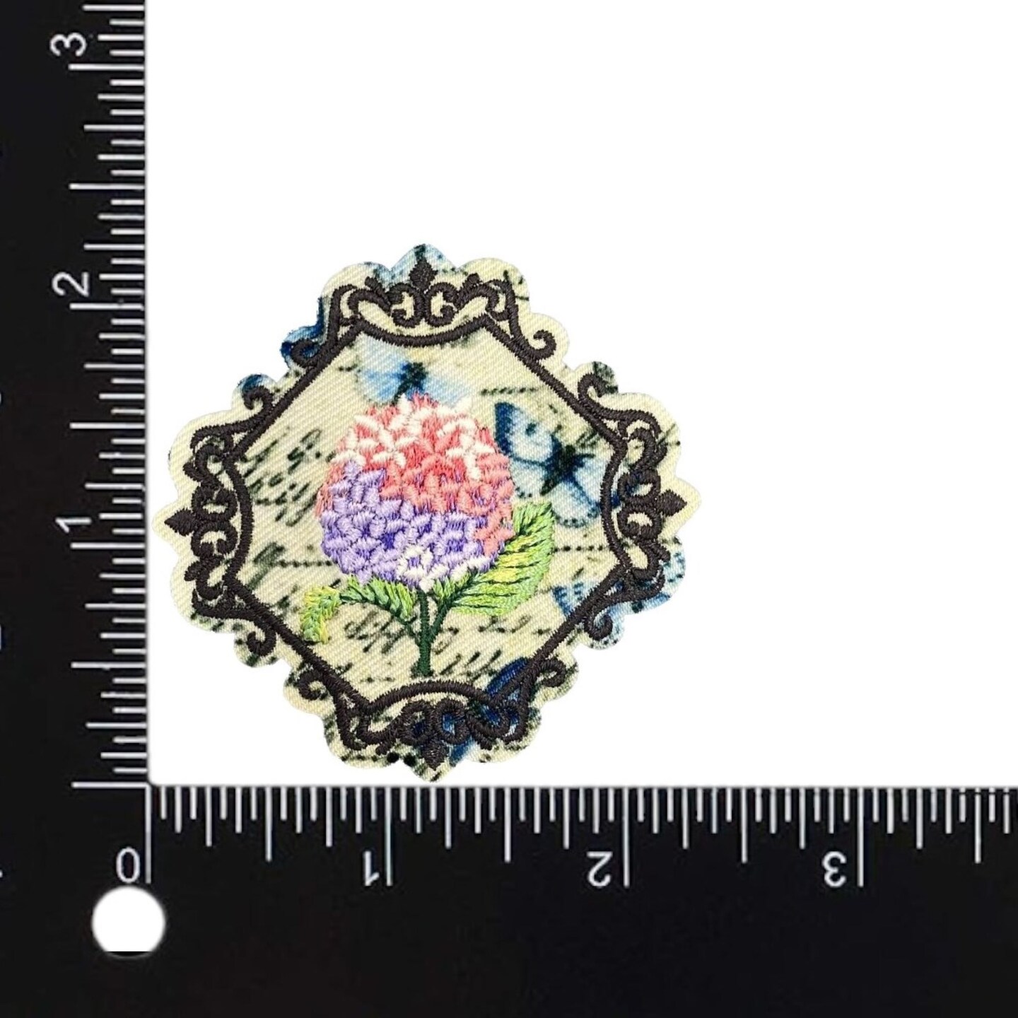Hydrangea Flowers in Vintage Postage Stamp Frame, Embroidered, Iron-on Patch