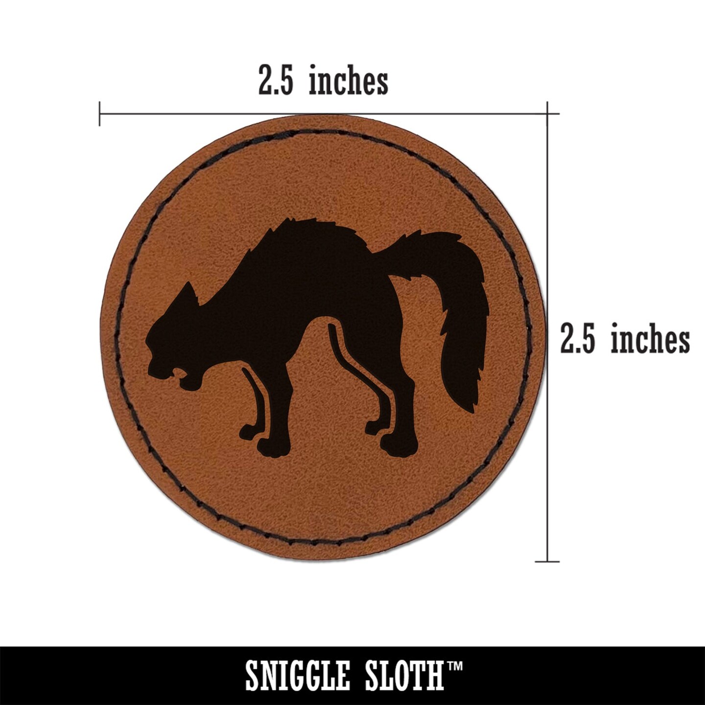 Scared Hissing Black Cat Halloween Round Iron-On Engraved Faux Leather Patch Applique - 2.5&#x22;