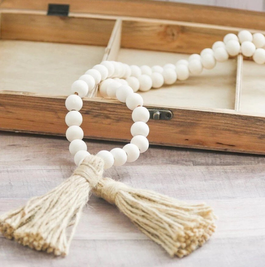 Wood Beads Garland with Tassels Boho Table Decor Farmhouse Home Decor Wooden Garland for Tiered Tray Rustic Country Decor