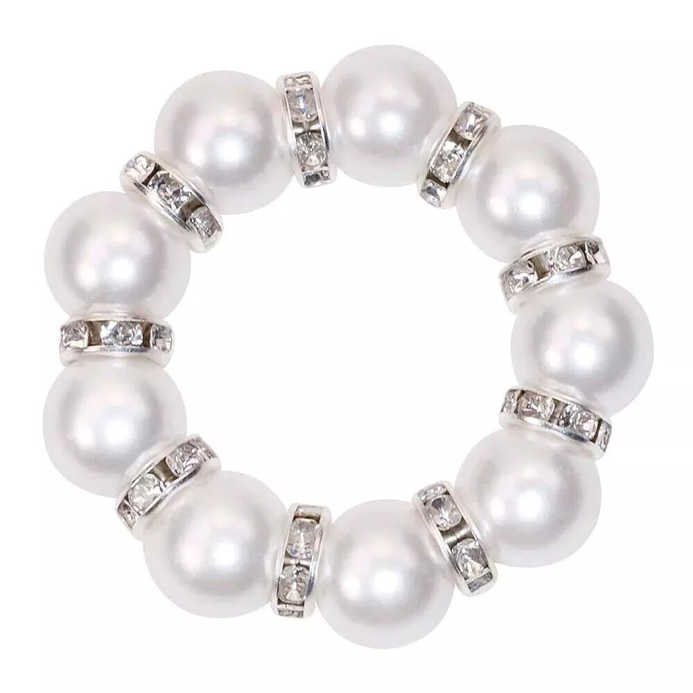 4 Silver White Faux Pearl Rhinestone Napkin Rings