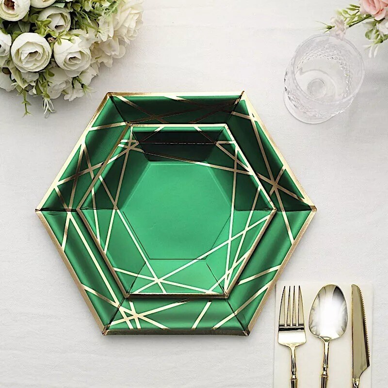 25 Hunter Green 7&#x22; Hexagon Paper Salad Dinner Plates Gold Trim