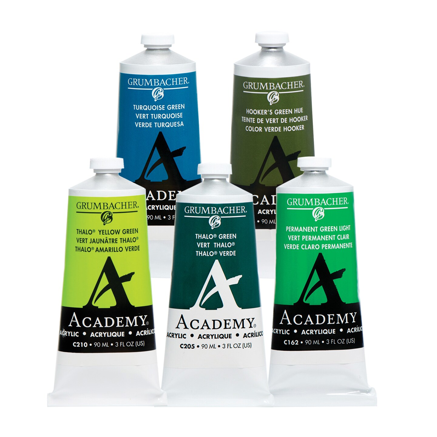 Grumbacher Academy Professional Acrylic Paint Set of 5 - 90ml Green Colors - Artist Grade Acrylic Paint Set with Premium Pigments, Semi-Gloss Sheen, ASTM Lightfast Rating 1
