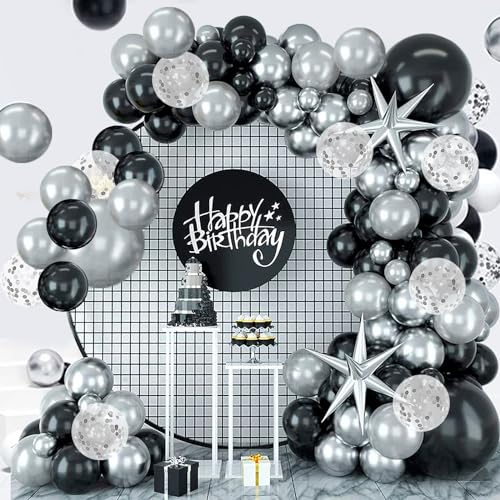 Black and Silver Balloon Garland Arch Kit with Latex Confetti Balloons Silver Explosion Star Balloons for New Year Eve Party Decor Graduation Birthday Wedding Anniversary Party Supplies