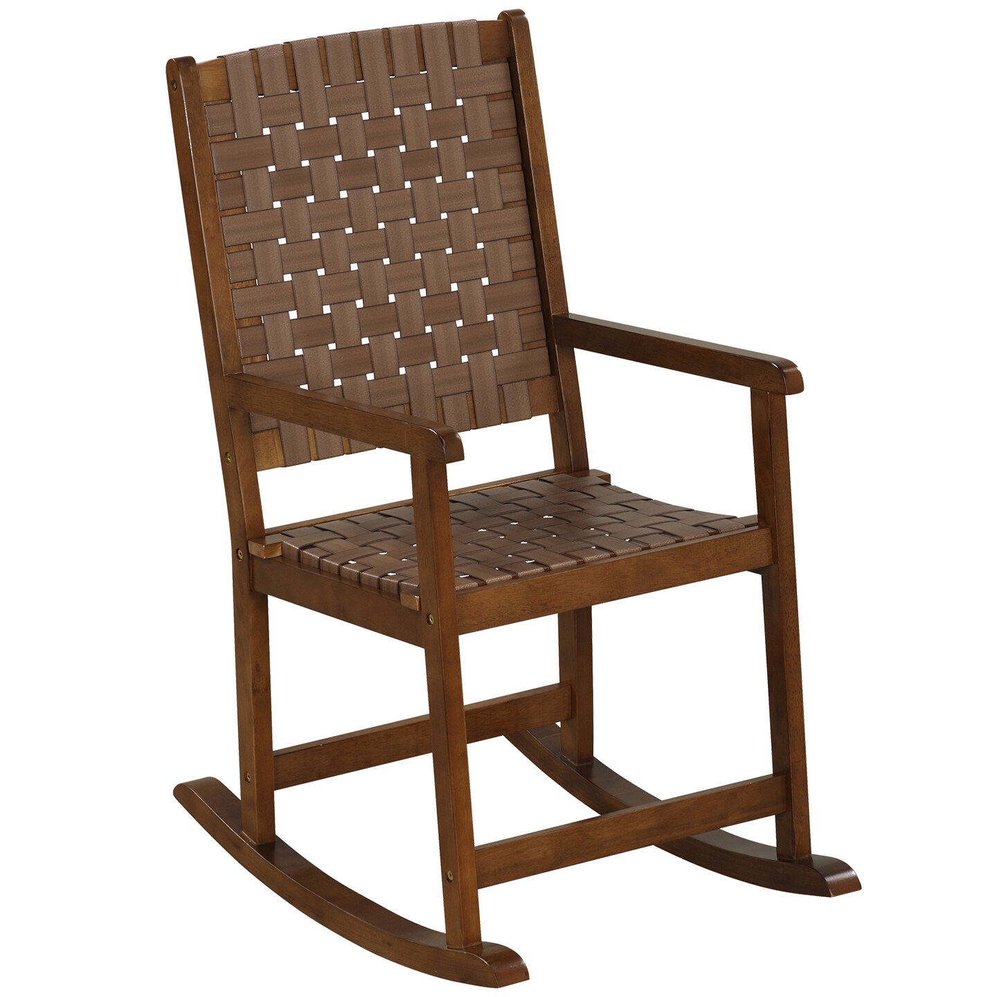 Patio Wood Rocking Chair With Pu Seat And Rubber Wood Frame-Brown