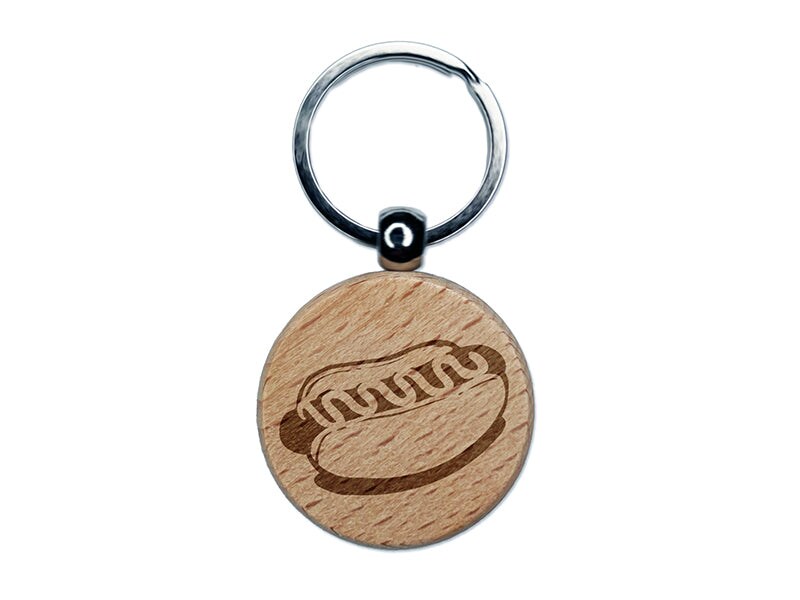 Hotdog Wiener Bun Ketchup Mustard Engraved Wood Round Keychain Tag Charm