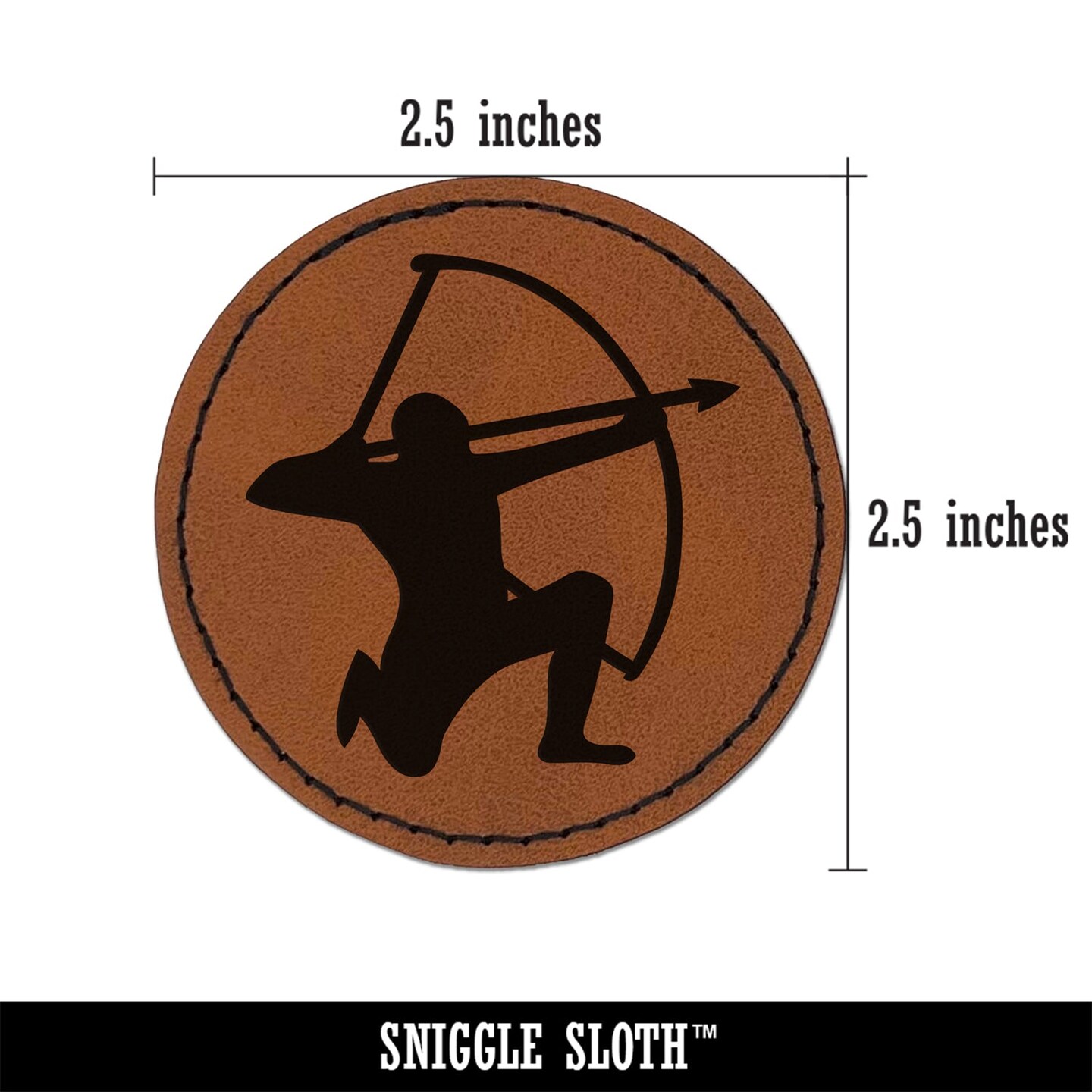 Archer Kneeling with Bow Drawn Archery Round Iron-On Engraved Faux Leather Patch Applique - 2.5&#x22;