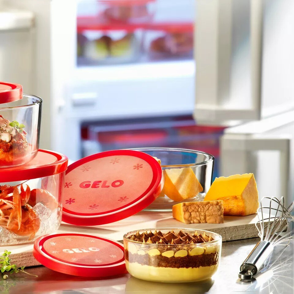Bormioli Rocco Gelo 4 Piece Glass Round Food Storage Container Set with Red Lid