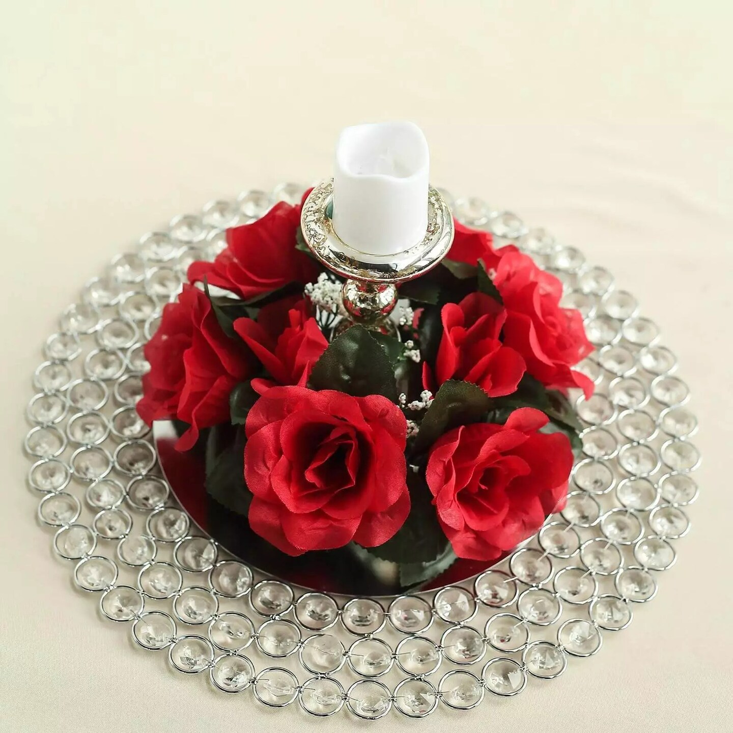 4 Red CANDLE RINGS with SILK ROSES Wedding Flowers