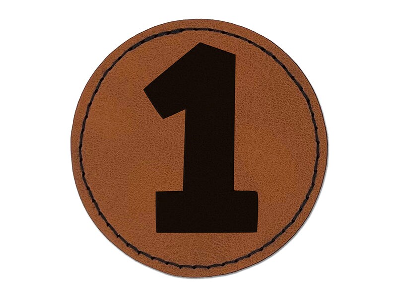 Number 1 One Fun Bold Font Round Iron-On Engraved Faux Leather Patch Applique - 2.5&#x22;