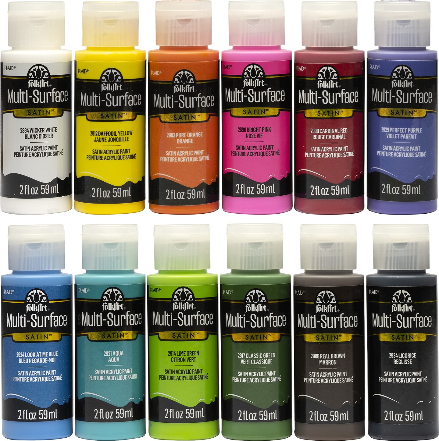 FolkArt PROMO830 Multi Satin Finish Acrylic Craft Paint Set Designed for  Beginners and Artists, Non-Toxic Formula That Works on All Surfaces, 2 oz,  2 Fl Oz (Pack of 12), 12 Colors May Vary, 24