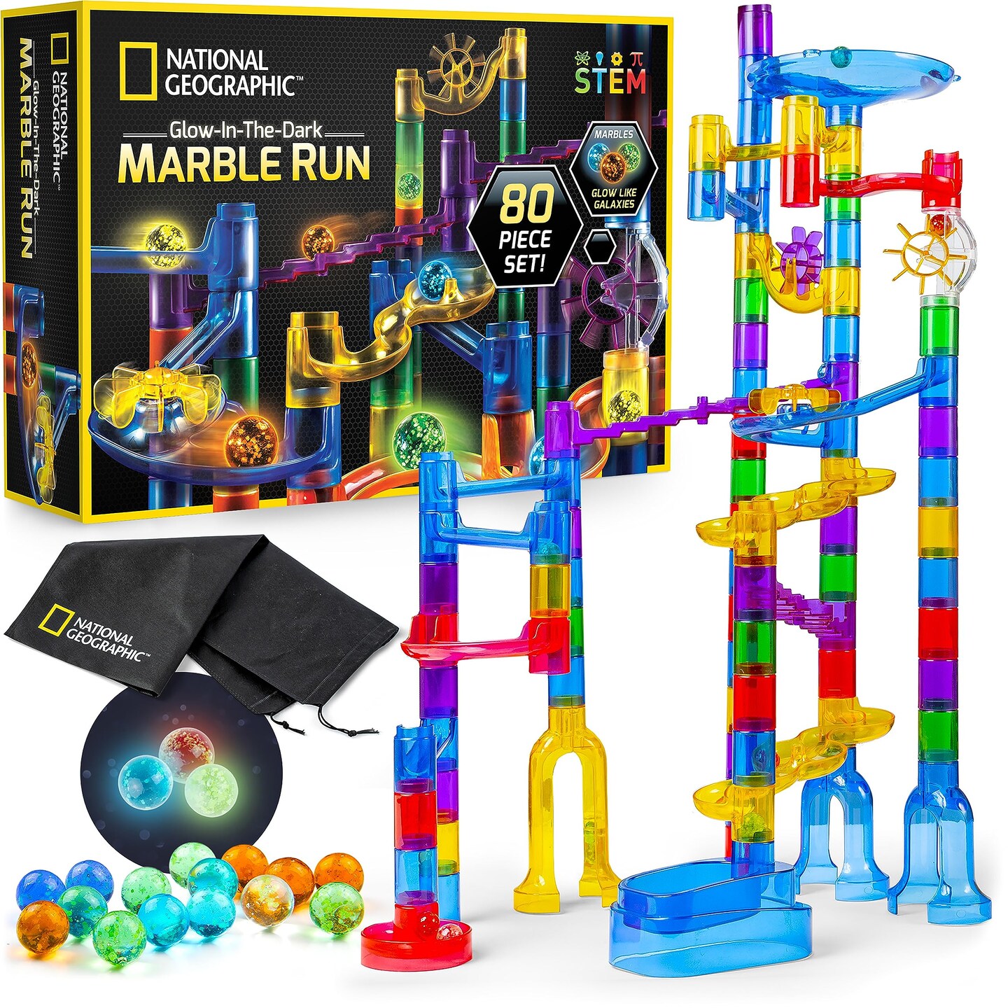 NATIONAL GEOGRAPHIC Glowing Marble Run &#x2013; Construction Set with 15 Glow in the Dark Glass Marbles &#x26; Storage Bag, STEM Gifts for Boys and Girls, Building Project Toy (Amazon Exclusive)