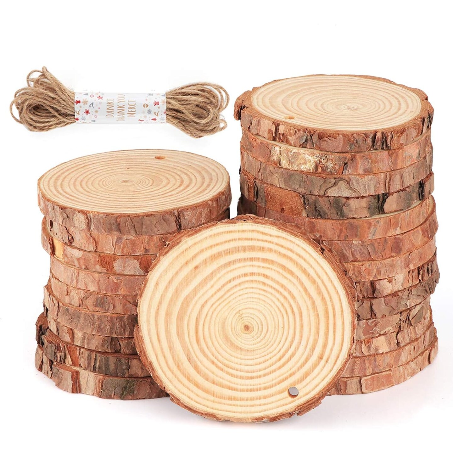 Natural Wood Slices 30Pcs 3.1&#x27;&#x27;-3.5&#x27;&#x27; Unfinished Wood Crafts with Pre-drilled Hole, Wood Slices Ornaments for Christmas DIY Rustic Crafts Wooden Circles Coasters Wedding Decor, 33 Feet Twine