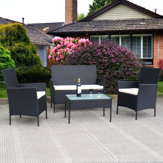 4 PCS Outdoor Rattan Wicker Cushioned Seat With A Loveset