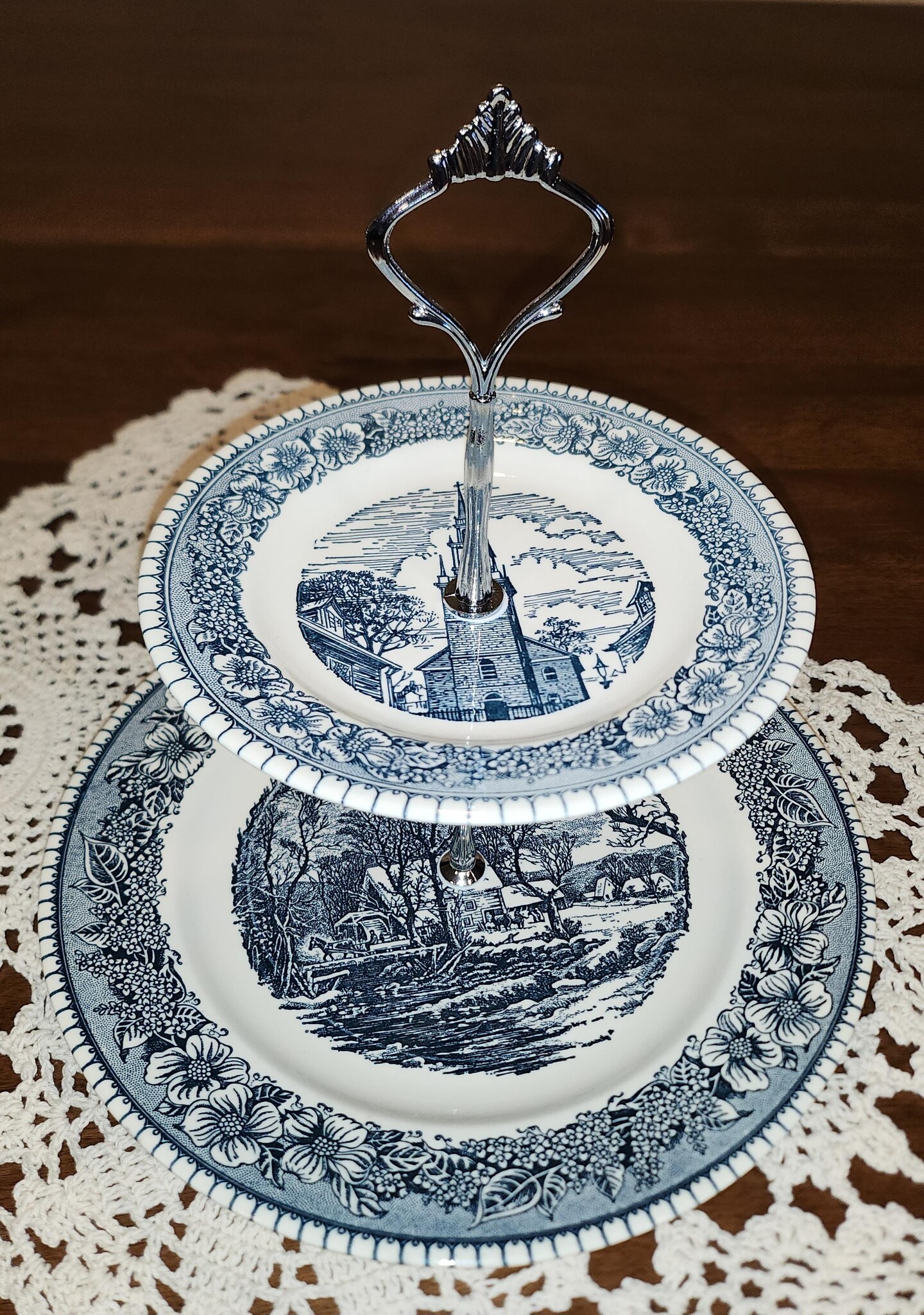 Blue Willow good Tiered Serving Tray cake stand blue and white transferware blue willow cupcakes